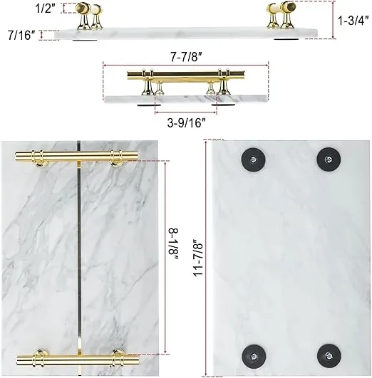 HighFree Marble Stone Decorative Tray, Perfume Tray with Copper-Color Metal Handles, Handmade Real Marble Tray Catchall Tray Trinket Tray for Counter, Vanity, Dresser & Nightstand (CL-0067 White)