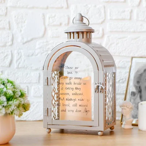 TRIROCKS Memorial Lantern 11'' High Walk Beside Us Remembrance Lantern With Automatic Timer LED Candle And Love Pattern Bereavement Sympathy Gifts For Funeral Memorial Service Loss of Loved One (Grey)