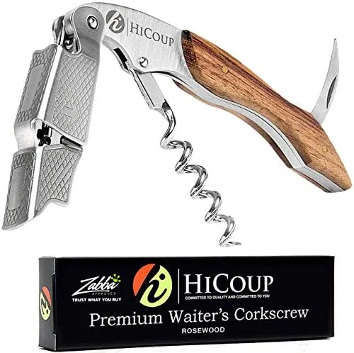 Hicoup Wine Opener - Professional Corkscrews for Wine Bottles w/Foil Cutter and Cap Remover - Manual Wine Key for Servers, Waiters, Bartenders and Home Use - Stainless Steel With Rosewood