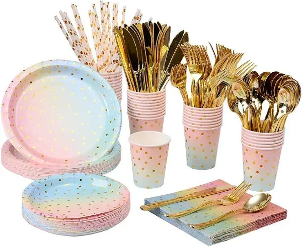 200PCS Rainbow Pastel Party Supplies Set-Disposable Paper Dinnerware Serves 25, Pastel Paper Plates Napkins Cups&Gold Plastic Silverware Sets for Wedding Birthday Baby Shower Holiday Parties(Colorful)