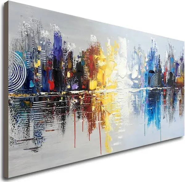 Hand Painted Cityscape Modern Oil Painting on Canvas Reflection Abstract Wall...