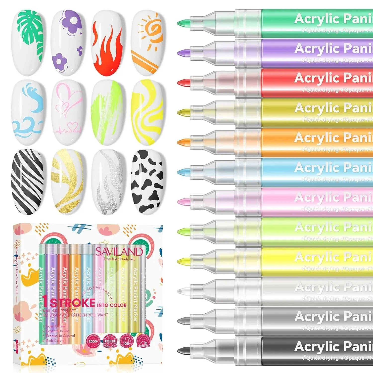 Saviland 12 Colors Nail Art Pens Set - 3D Nail Polish Pens Graffiti Nail Dotting Tools Acrylic Paint Pens Drawing Painting Point Liner Pen for Nails