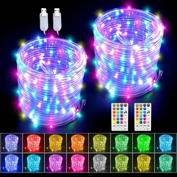 GLPE LED Rope Lights with USB Powered, 2 Pack x 33 ft 100 LED String Lights Indoor Outdoor with Remote,16 Color Changing