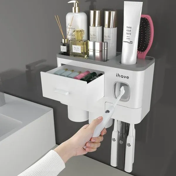 iHave Toothbrush Holders for Bathrooms 2 Cups Toothbrush Holder Wall Mounted with Toothpaste Dispenser