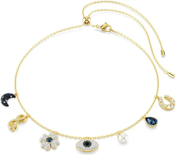 Swarovski Symbolica Choker Necklace, Moon, Infinity, Clover, Evil Eye and Horseshoe, Blue and White Crystals in a Gold-Tone Plated Setting