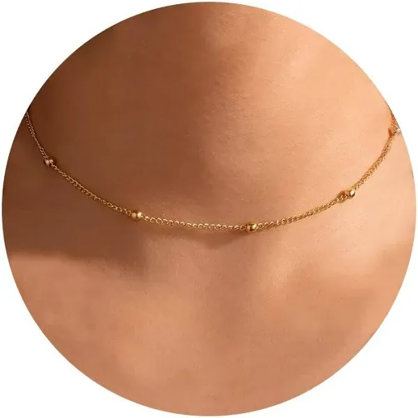 CHESKY Dainty Gold Necklace for Women, Trendy 14k Gold Plated/Sterling Silver Satellite Choker Necklace Thin Beaded Layered Choker Necklaces Discs Paperclip Chain Necklaces Womens Simple Jewelry Gift