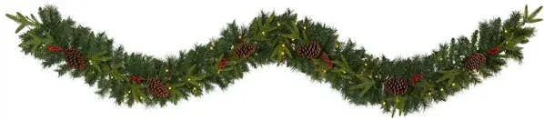 Nearly Natural 9ft. Mixed Pine Artificial Christmas Garland with 50 Clear LED Lights, Berries and Pinecones