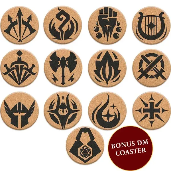 HQ Cork DND Coasters - Set of 12 Class +1 DM Icon Coasters - Great Nerdy Gift for D&D Players, Gamers, DM, Men or Women- Dungeons & Dragons Accessories for Home Decor, Mugs, Drinks, Table Decoration