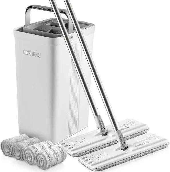 Hands-Free Mop and Bucket Set with 3 Washable Pads, Wet/Dry Floor Cleaning Syste