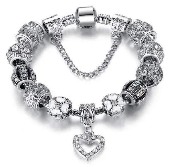 Savlano Silver Tone Charm Bracelet with Crystal and Murano Glass Beads Snake Chain for Women & Girls Comes in A Gift Box