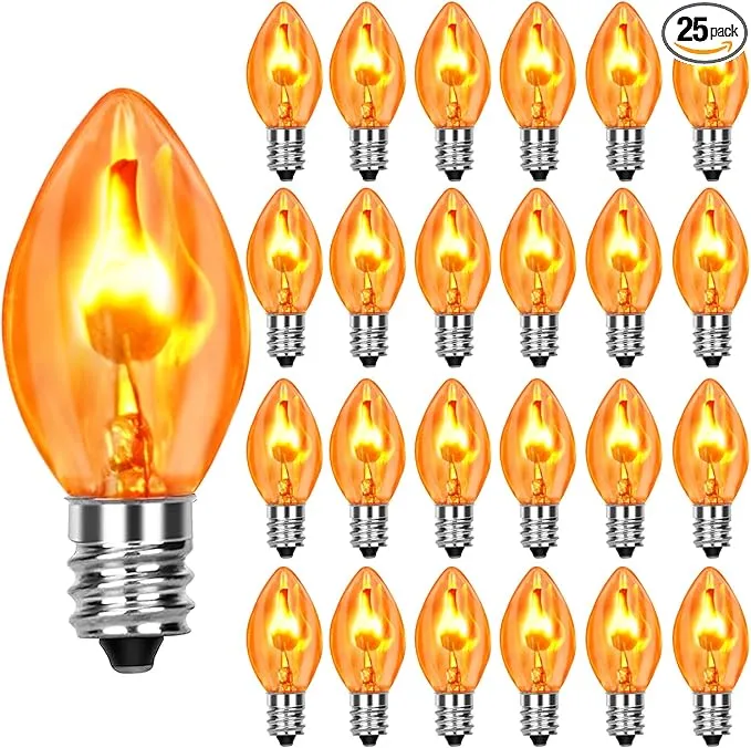 Halloween Flickering Light Bulbs 25 Pack C7 Flicker Light Bulbs Orange E12 Base Flickering Flame Bulbs 1 Watt/120 Volts for Halloween Candelabra Window Candle Lamp Halloween Replacement Bulbs