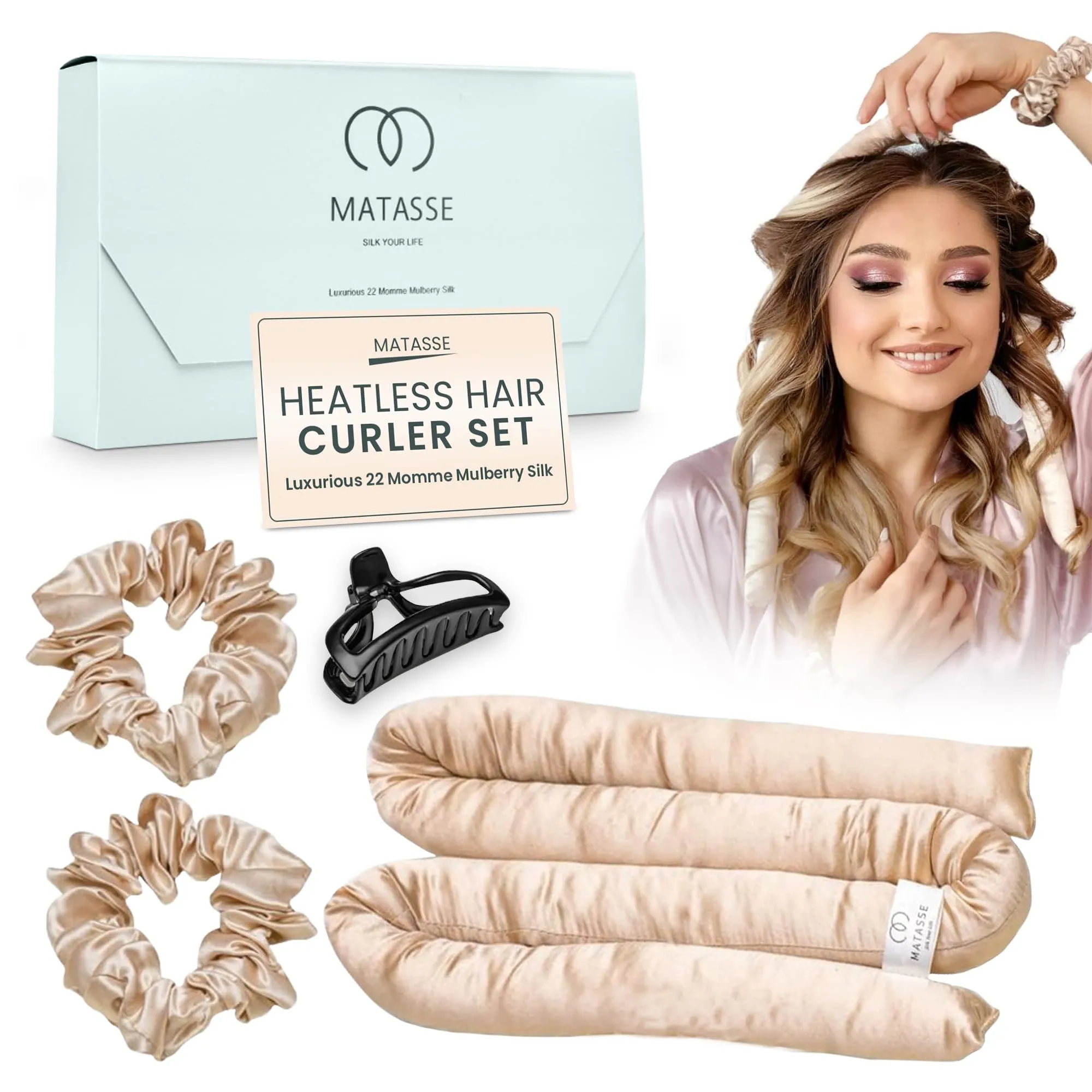 MATASSE Silk your life Silk Heatless Hair Curler Set 6A Grade 22 Momme Mulberry Silk Heatless Curlers