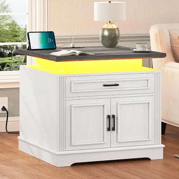 itaar 24 inch Large End Table with Charging Station, LED Light, Drawer, Square, Nightstand