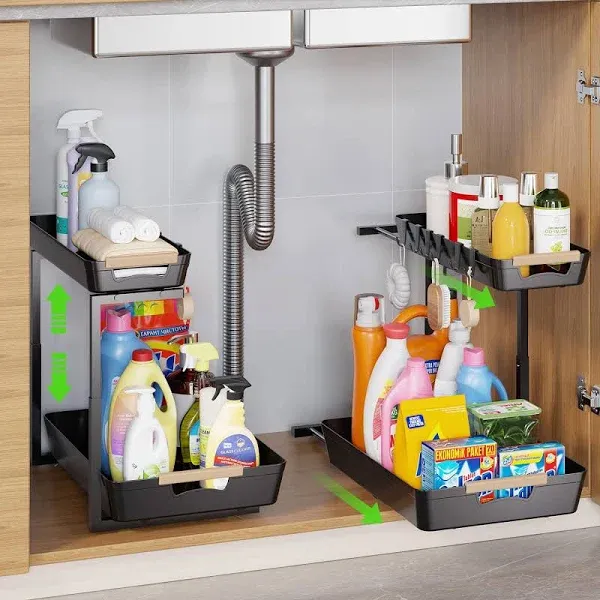  Under Sink Organizer 2 Pack, Height Adjustable Slide Out Kitchen 2 PACK Black