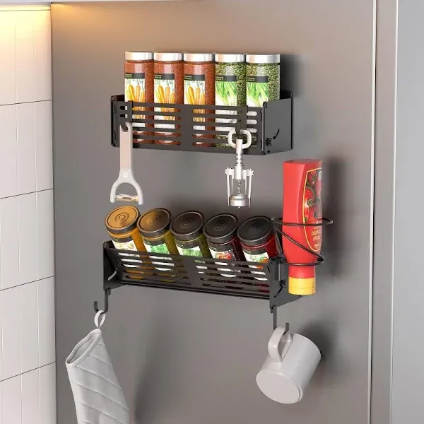 Magnetic Spice Rack for Refrigerator, 2 Pack Moveable Magnet Organizer for Spice Jars and Seasonings, Wall Mounted Fridge Shelves with Spiral Holder and 4 Hooks for Kitchen and Stove