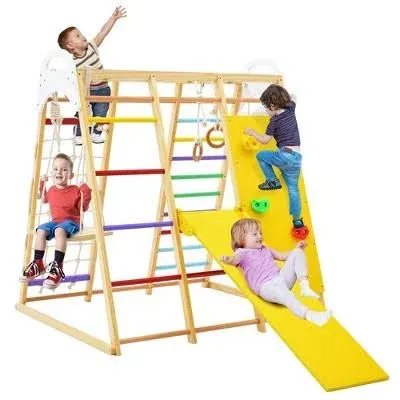 Costway 8-in-1 Indoor Wooden Jungle Gym Playset with Monkey Bars