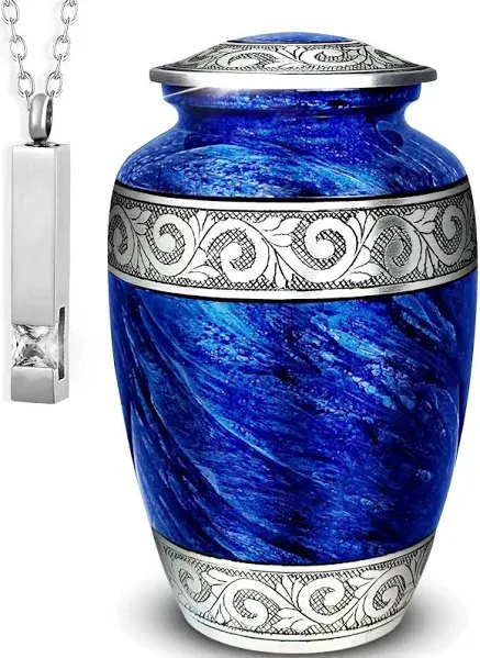 Eternal Blue Large Urn for Ashes Adult Male | Urn for Ashes for Women | Blue Urns for Human Ashes with Necklace (Inside The Large Urn)