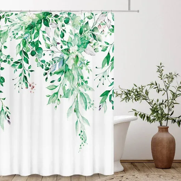 Tititex Eucalyptus Shower Curtain Sets Watercolor Leaves on The Top Plant with Floral Bathroom Decoration