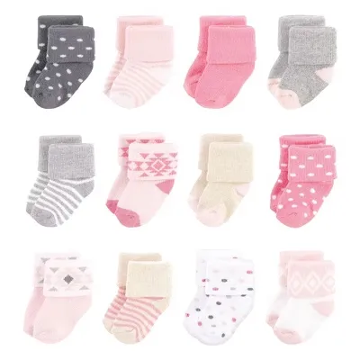 Hudson Baby Cotton Rich Newborn and Terry Socks Pink Gray Aztec / 0-6 Months