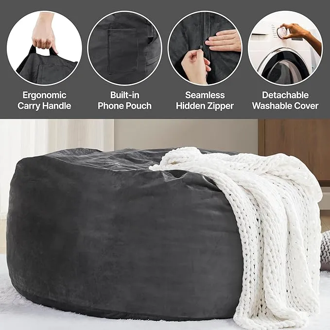 Codi Bean Bag Chair with Filler Included, 4 FT - Comfy Large Beanbag Chairs for Adults, Memory Foam Added - Machine Washable and Soft Mink Bonded Cover - Charcoal Grey, 4ft