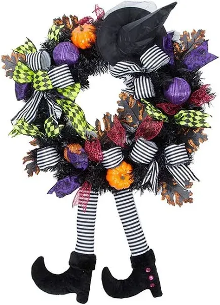 Halloween Wreath, 24Inch Halloween Wreaths for Front Door, Halloween Door Wreath with Hat Witches Legs and Pumpkin, Halloween Decorations Front Door, Window, Indoor,Porch and Outdoor Decor