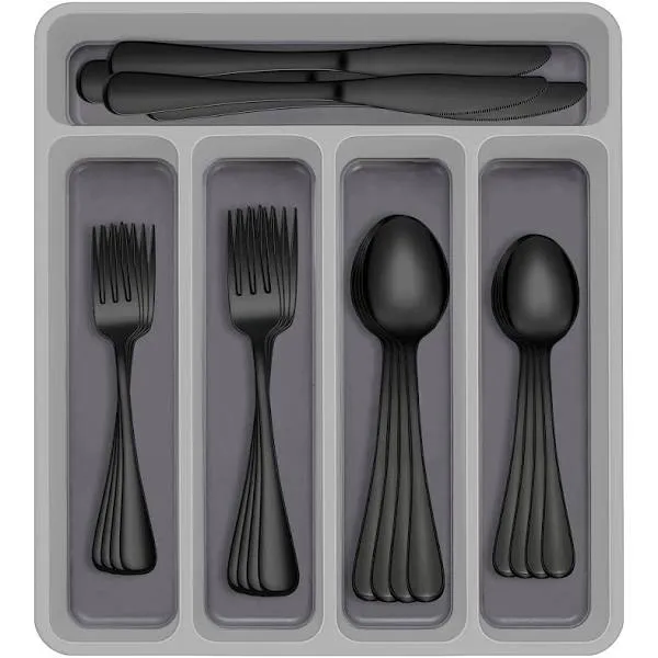 60-Piece Black Silverware Set with Organizer