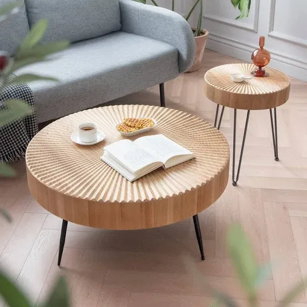 Modern Farmhouse Wood Round Natural Finish Coffee Table Set