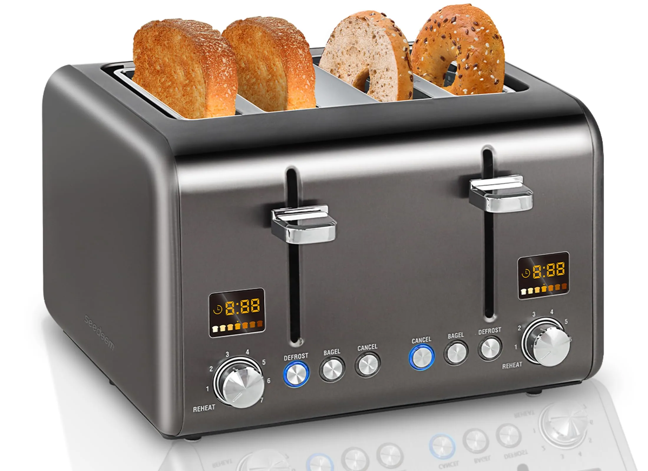 SEEDEEM 4 Slice Toaster Stainless Bread Toaster Colorful LCD Display 7 Bread Shade Settings