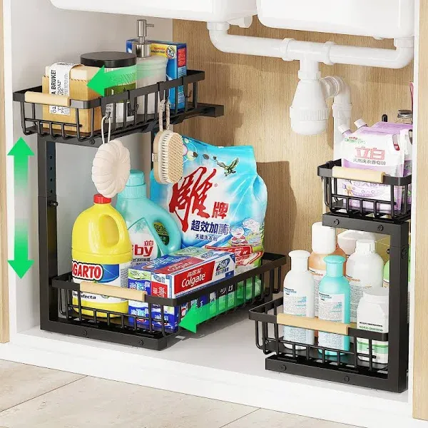 Mlinavn 2 Under Sink Organizer and Storage,Pull Out Cabinet Organizer 2 Tier Slide Out Sink Shelf Cabinet Organizer Adjustable Under Counter