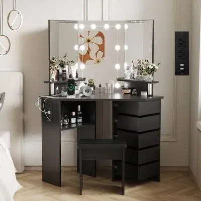 Makeup Vanity With Lighted Mirror, Vanity Desk With Power Strip, Corner Vanity Table With 5 Rotating Drawers,3 Color Lighting, Brightness Adjustable, Shelves and Stool, Dressing Table for Women Girls