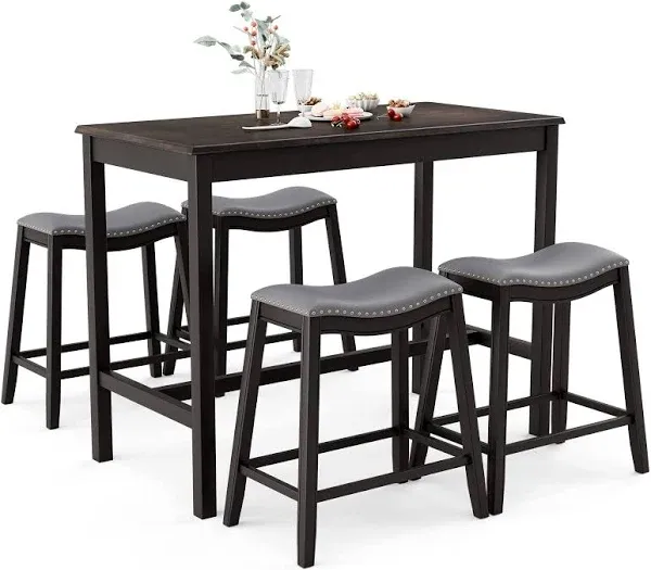 5pcs Bar Table Set Counter Height Upholstered Saddle Stools Grey Wood