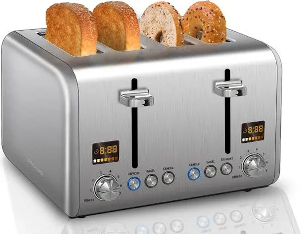 SEEDEEM 4 Slice Toaster, Stainless Bread Toaster Color LCD Display, 7 Bread Shade Settings, 1.5'' Wide Slots Toaster with Bagel/Defrost/Reheat Functions, Removable Crumb Tray, Silver Metallic, 1800W