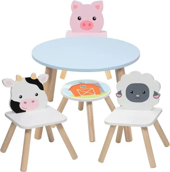 Kids Wooden Animal Table &amp; Chair Set w 3 Seats (Cow Pig Sheep) &amp; Adult Stool