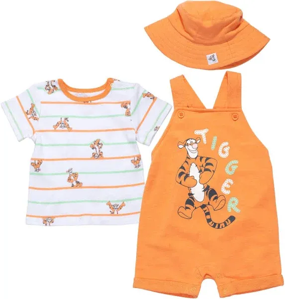 Disney Winnie the Pooh Eeyore Tigger Piglet Baby French Terry Short Overalls T-Shirt and Hat 3 Piece Outfit Set Newborn to Infant