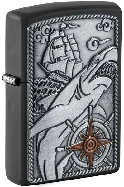 Zippo Lighter: Ship and Shark Emblem - Black Matte 48120