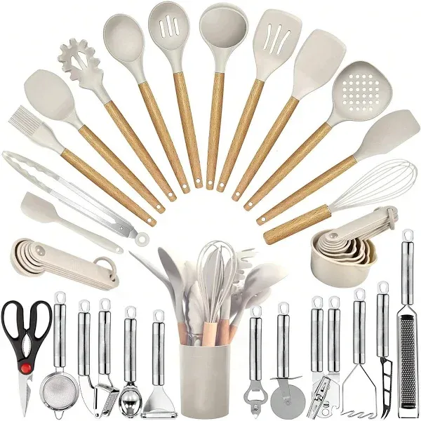 35-Piece Wooden Handle Nonstick Silicon Kitchen Utensils Cookware Set with Grater, Tongs