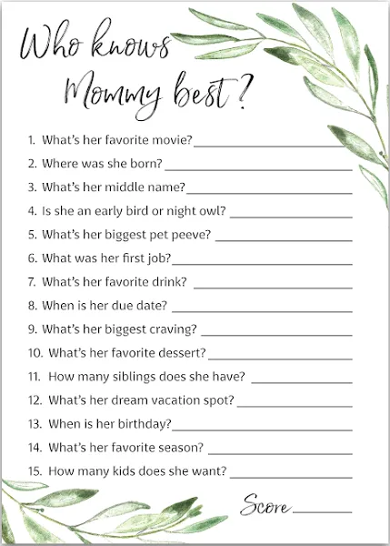 GREENERY Baby Shower Games Who Knows Mommy Best - Pack of 25 - GENDER NEUTRAL Baby Shower Game New Parent Couples Coed Reveal Fun Guessing Game Mom to-be Green Olive Branch Shower Activity G320-WKM