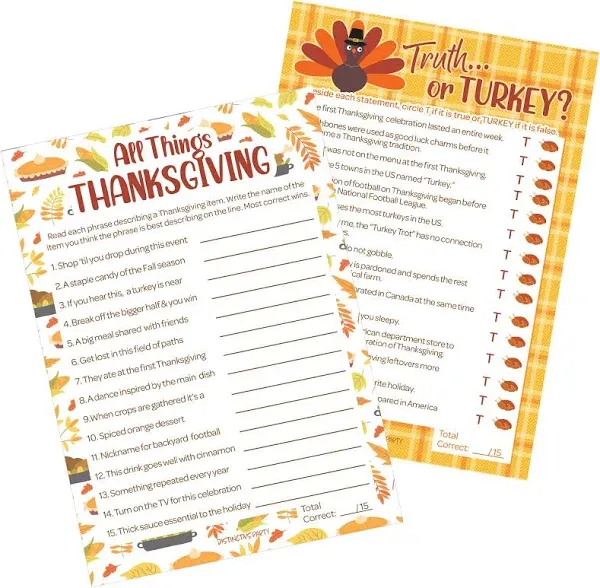 Thanksgiving Party Game Bundle - Truth or Turkey and All Things Thanksgiving Game - 25 Dual-Sided Game Cards