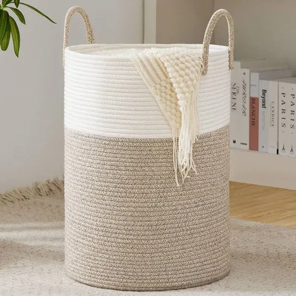 Cotton Rope Laundry Hamper by YOUDENOVA, 58L - Woven Collapsible Laundry Basket - Clothes Storage Basket for Blankets, Laundry Room Organizing, Bedroom Storage, Clothes Hamper – Brown