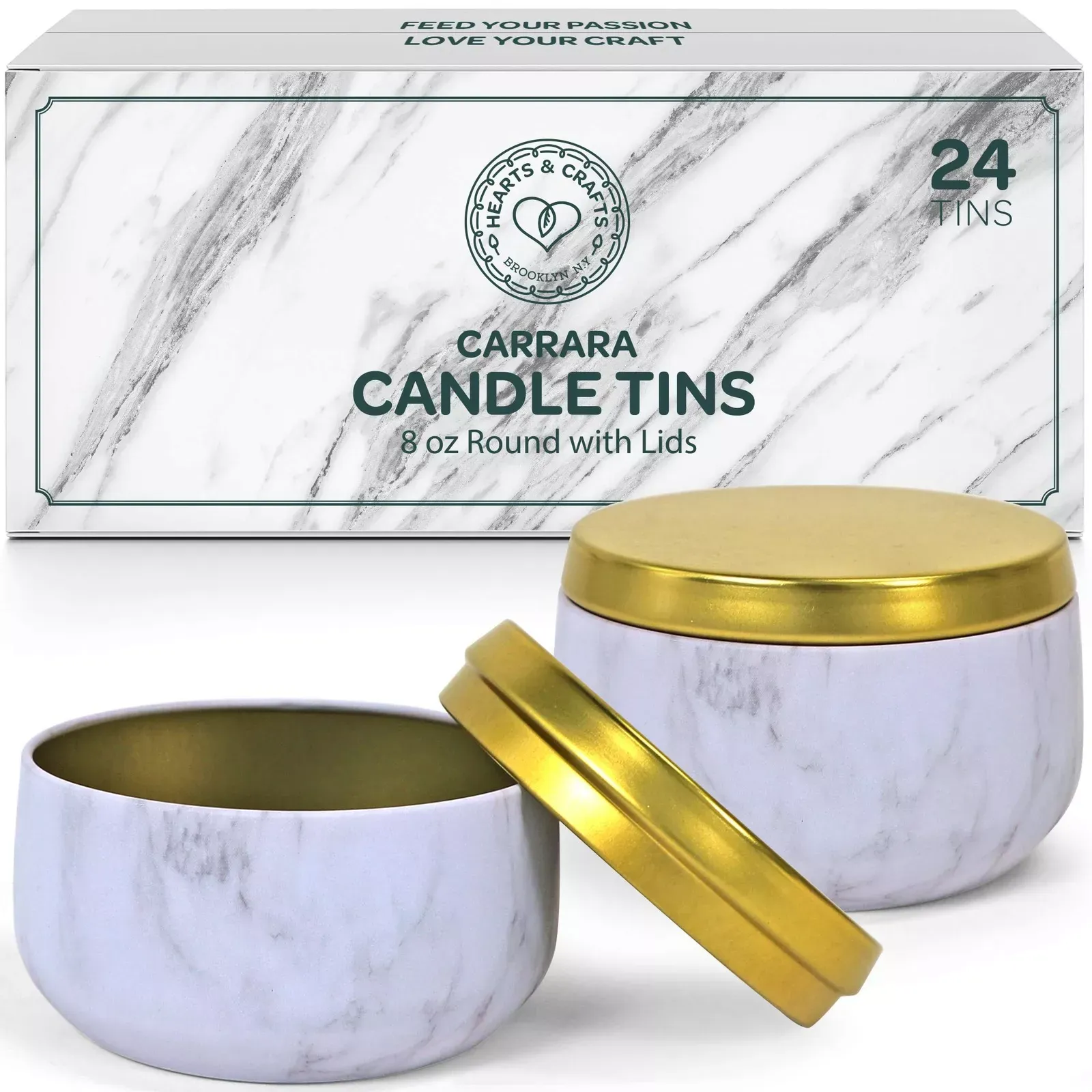 Hearts Crafts Marble Candle Tins 8 oz with Lids - 24-Pack of Bulk Can