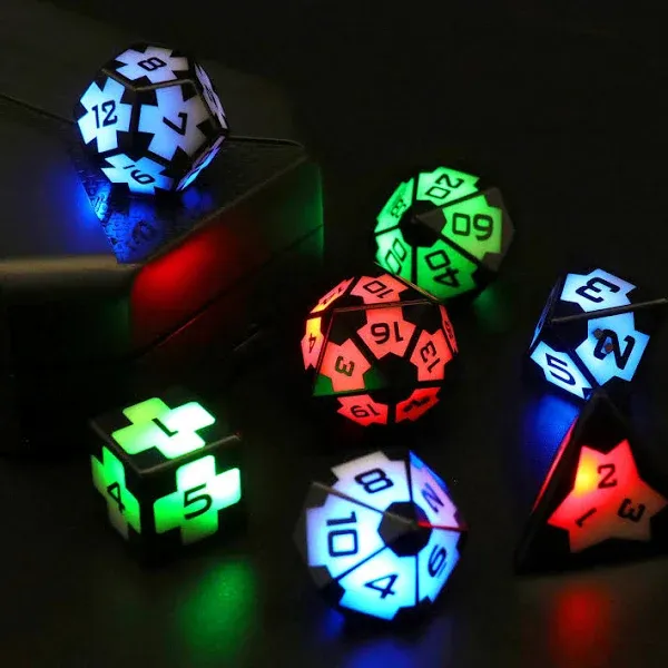 LED Dice Set of 7, DND Dice Rechargeable with Charging Box, Shake to Light Up Colorful Dice, ZHOORQI Dungeon and Dragons Dice USB Port Charging, Role