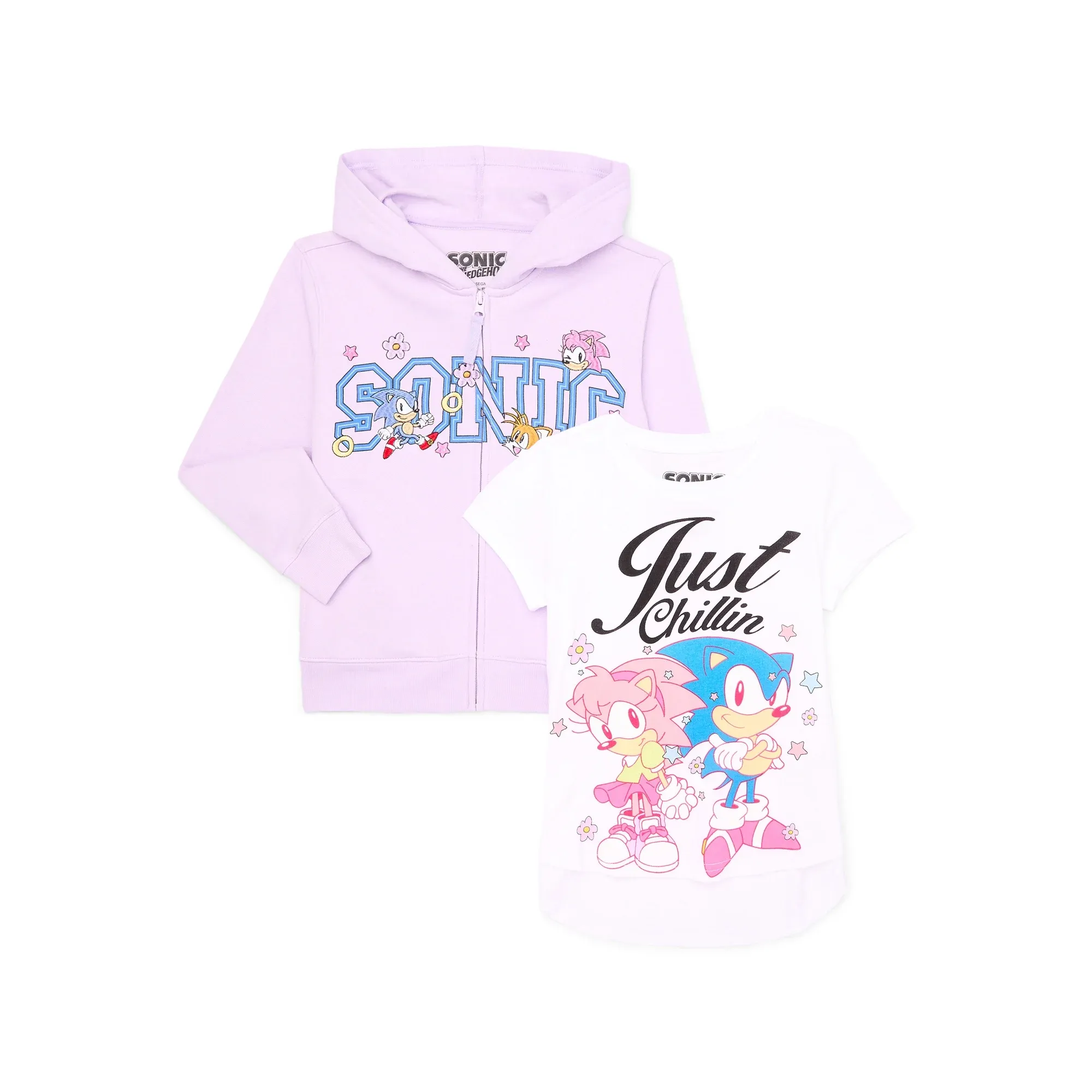 Sonic the Hedgehog Girls Embroidered Zip Hoodie and Graphic Tee Set