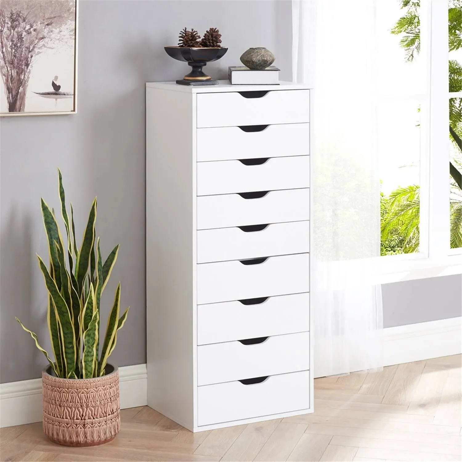 Sleek Modern Drawer Dresser Storage Cabinet with Grooved Drawer Pulls, Multipurpose Office File Storage Cabinet - 9 Drawer,White