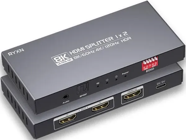 8K HDMI Splitter 1 in 2 Out 4K120hz，HDMI 2.1 Splitter 1x2 8K60Hz，Downscaler EDID Mode，with Spdif, 3.5mm Audio Out，Compatible with Xbox Series X, PS4 Pro, PS5, Blu-ray Player