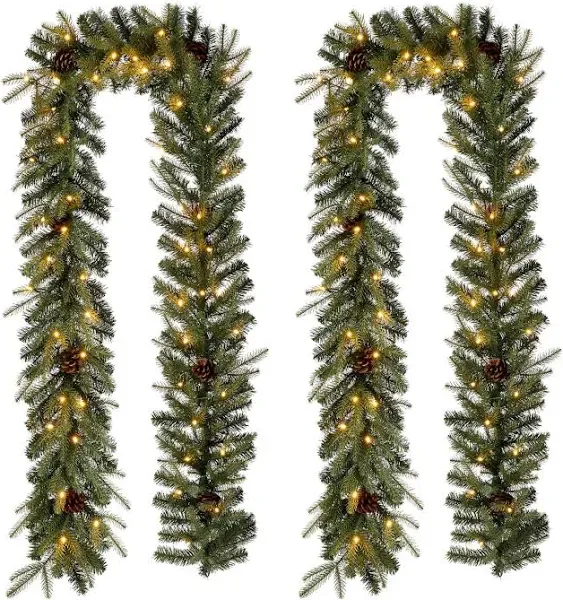 Glitzhome Artificial Christmas Garland 9 ft. with Warm White LED Light (2-Pack)