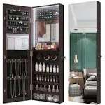 FREDEES LED Jewelry Wardrobe with 42.52&quot; Tall Door Mirror, Full Length Mirror Jewelry Cabinet, Lockable Jewelry Organizer, Wall/Door Jewelry Box and Organizer / 2 Small Storage Boxes (Brown)