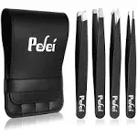 Pefei Tweezers Set - Professional Stainless Steel Tweezers for Eyebrows - Great Precision for Facial Hair, SPLINTER and Ingrown Hair Removal (Black)