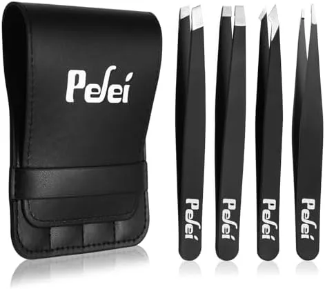 Pefei Tweezers Set - Professional Stainless Steel Tweezers for Eyebrows - Great Precision for Facial Hair, SPLINTER and Ingrown Hair Removal (Black)