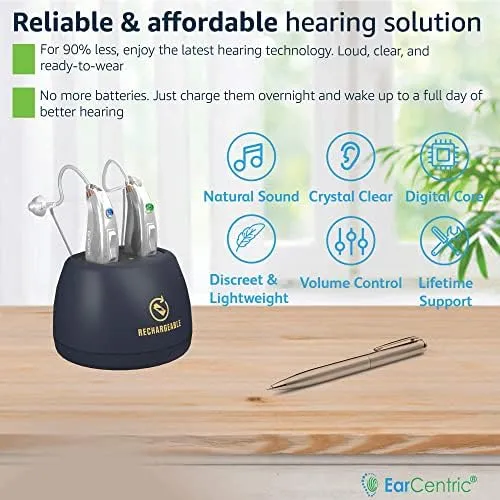 EarCentric EasyCharge Rechargeable Behind Ear Hearing Aids Kit - New Sealed