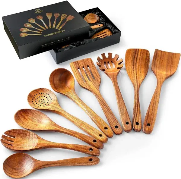 Zulay Kitchen Natural Teak Wooden Utensils for Cooking